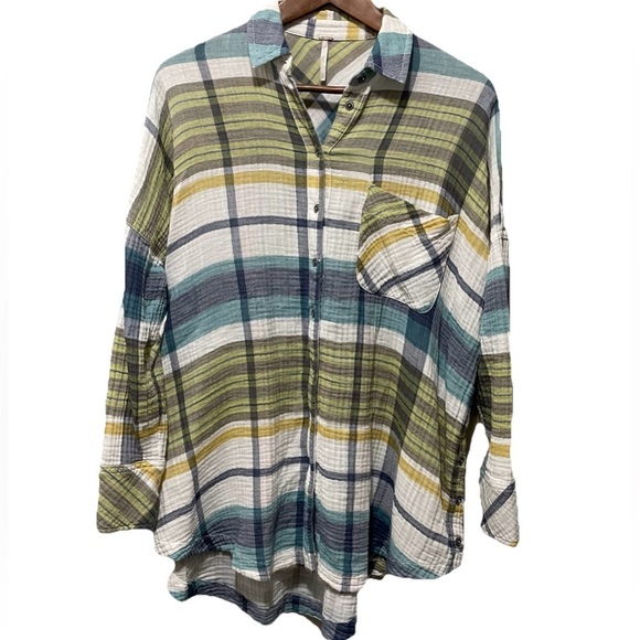 Free People XS Plaid Button-Up Shirt Oversized, Lightweight 100% Cotton - Picture 1 of 6